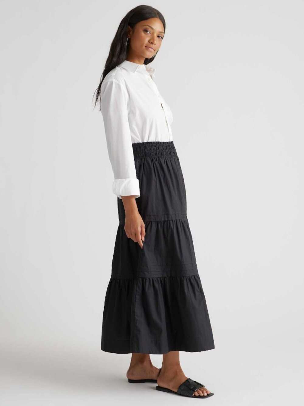 Poplin Tiered Maxi Skirt in Black - Picture 3 of 9